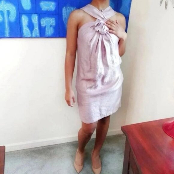 NWT ALEXIA ADMOR NEW YORK USA Made 🇺🇸 Champagne Bow Halter Neck Mini Dress S - Picture 2 of 16